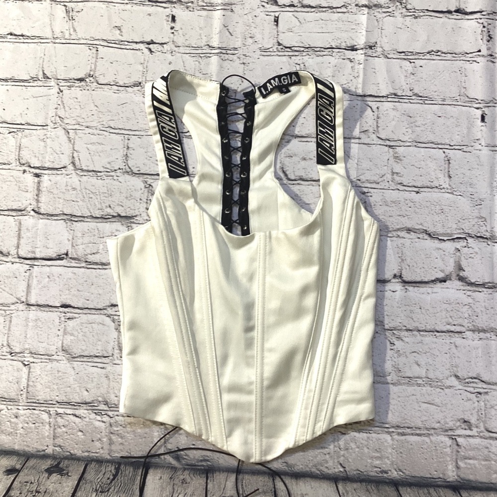 I.AM.GIA Siobhan White Corset Tank Top Lace Up Back Branded Straps Small